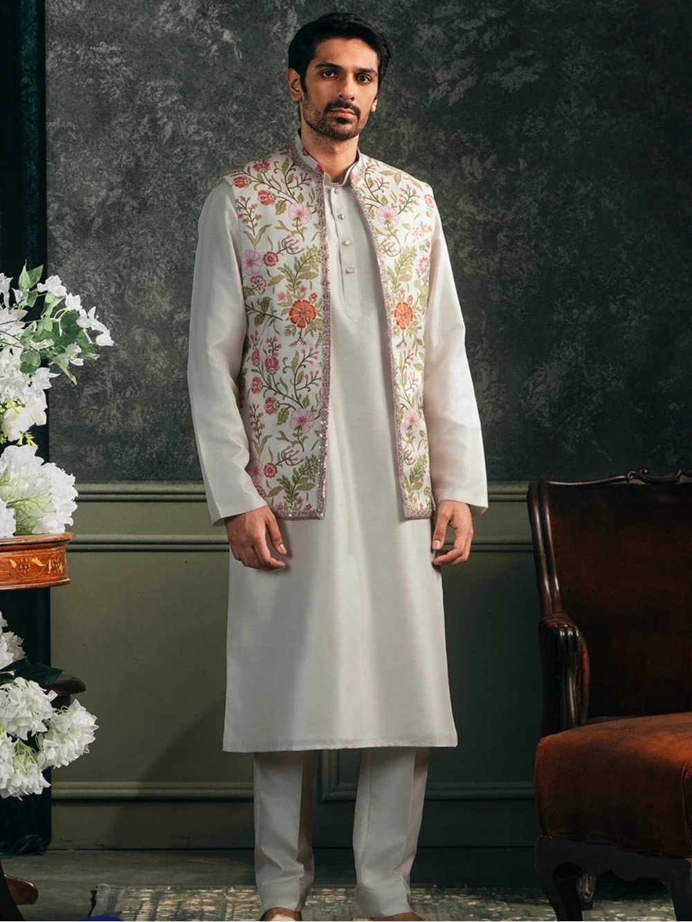 Ivory Kurta with Floral Embroidered Nehru Jacket